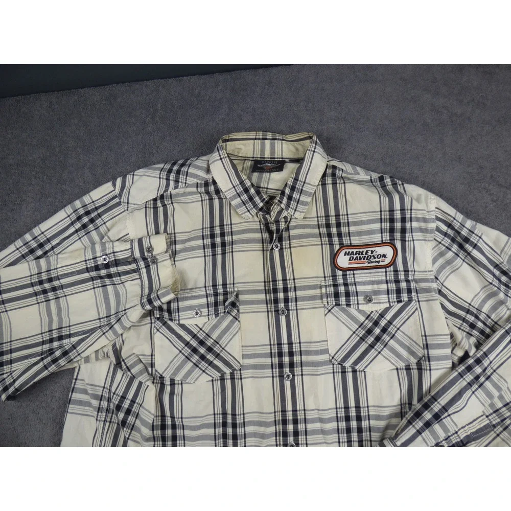 Harley-Davidson Racing Mens Plaid Button Down Shirt Cream Black Long Sleeve 2XL